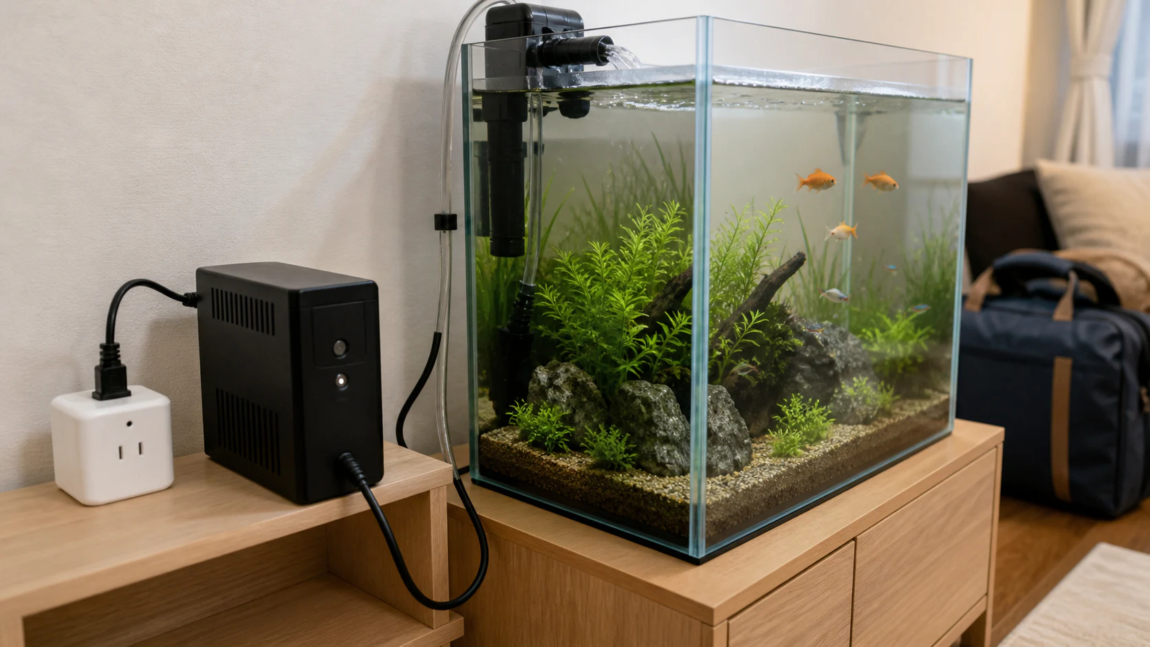 日本の住まいで水槽とスマートプラグ、家庭用UPSを水はねから離して置く様子