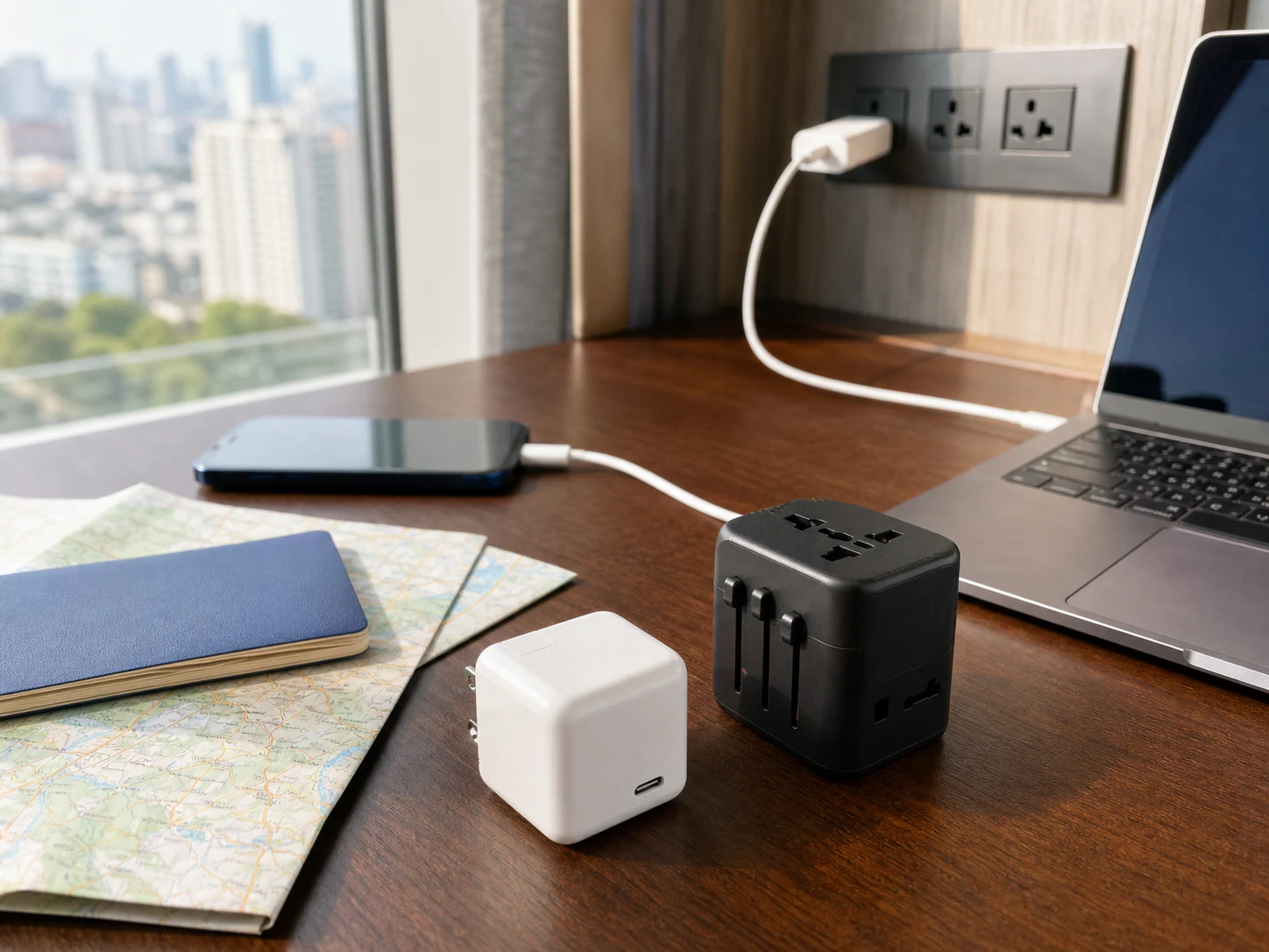 海外のホテルの机でUSB-C充電器と変換プラグを確認する場面