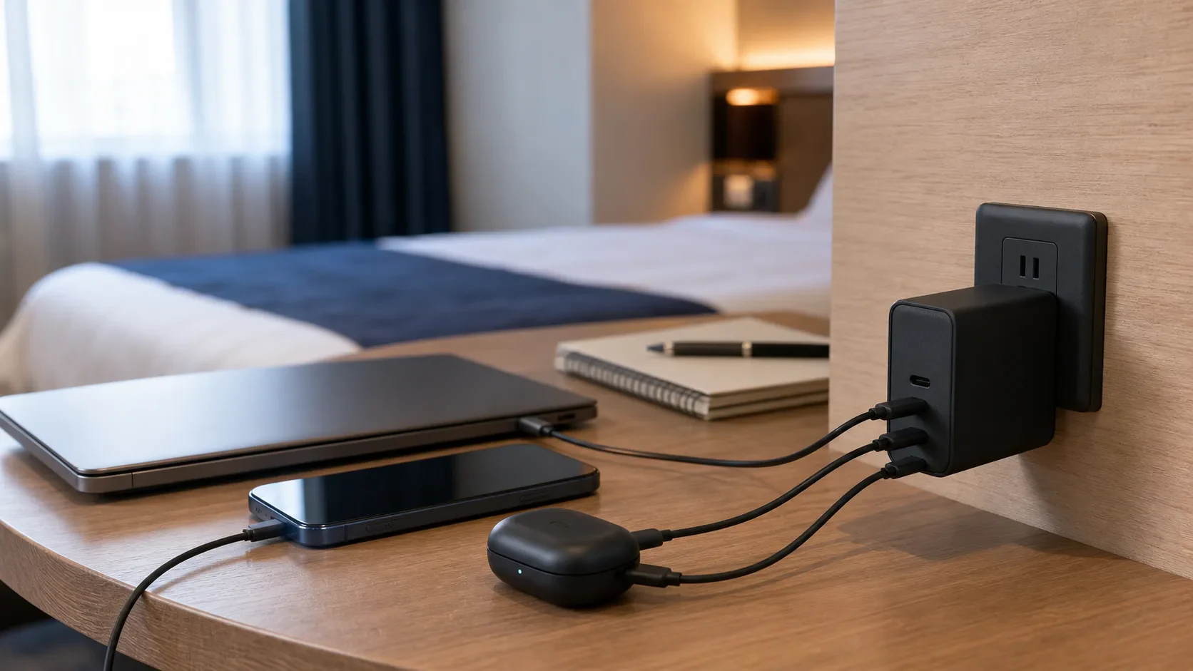 ホテルの机でノートPCとスマートフォンを充電する3ポートUSB-C充電器
