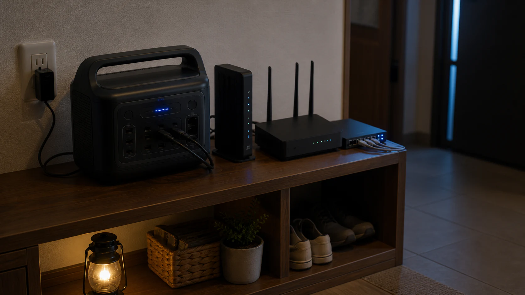 壁際の光回線機器、Wi-Fiルーター、NASをポータブル電源へ寄せる使用イメージ