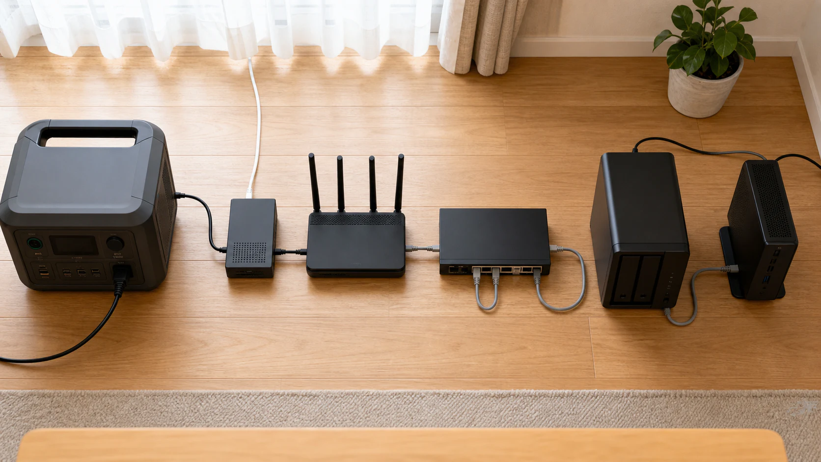 ONU、Wi-Fiルーター、NAS、仕事机をどの順で電源へつなぐかを俯瞰する使用イメージ