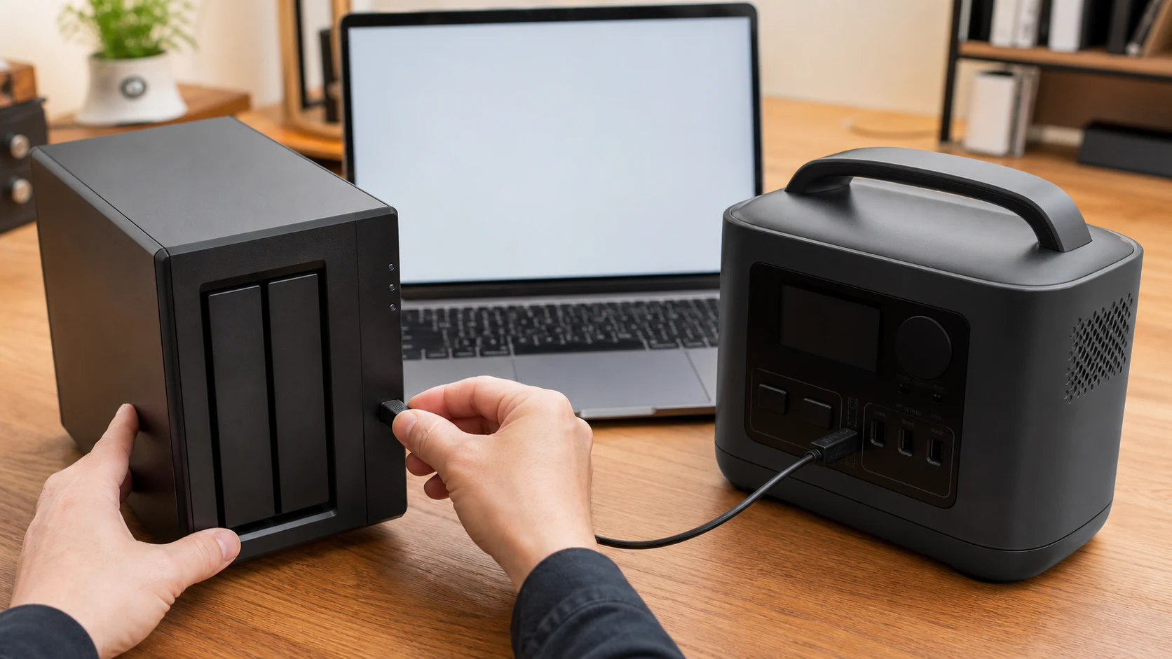 ポータブル電源のUSB-BポートからNASへ通信ケーブルをつなぐ使用イメージ