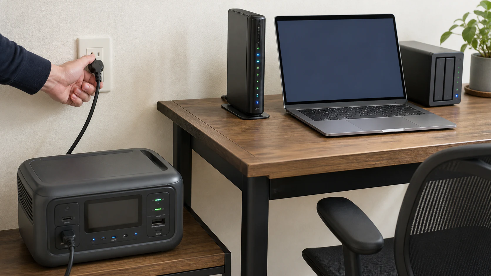壁のコンセントを抜き、ONU、ルーター、NASの通信と安全停止を確認する事前テストの使用イメージ