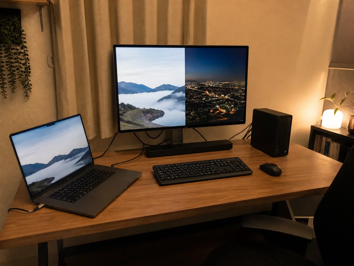 ノートPCとデスクトップPCを1台のモニターと同じ入力機器で使う机