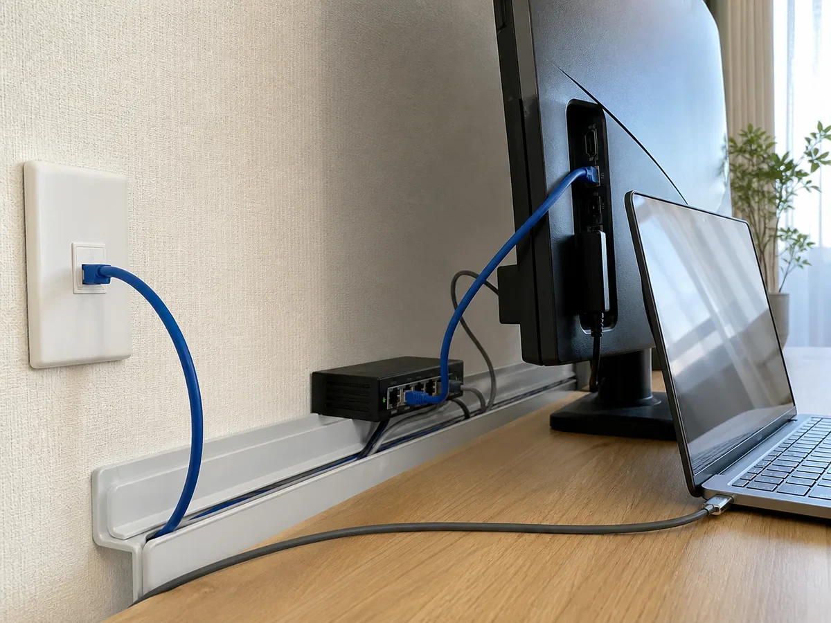 モニターのLAN端子へ壁のネットワーク配線を集めた在宅ワーク机