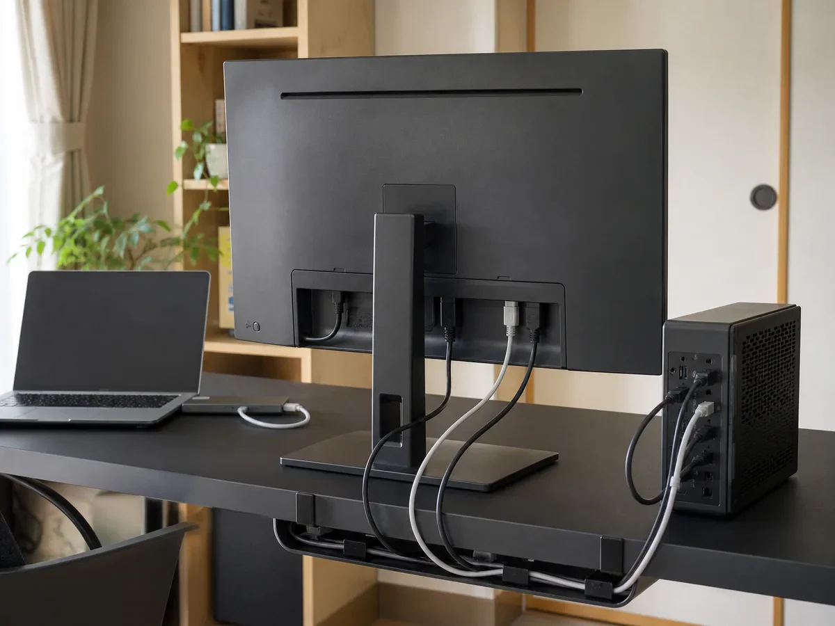 モニター背面の端子とノートPC・デスクトップPCのケーブルを整理した机