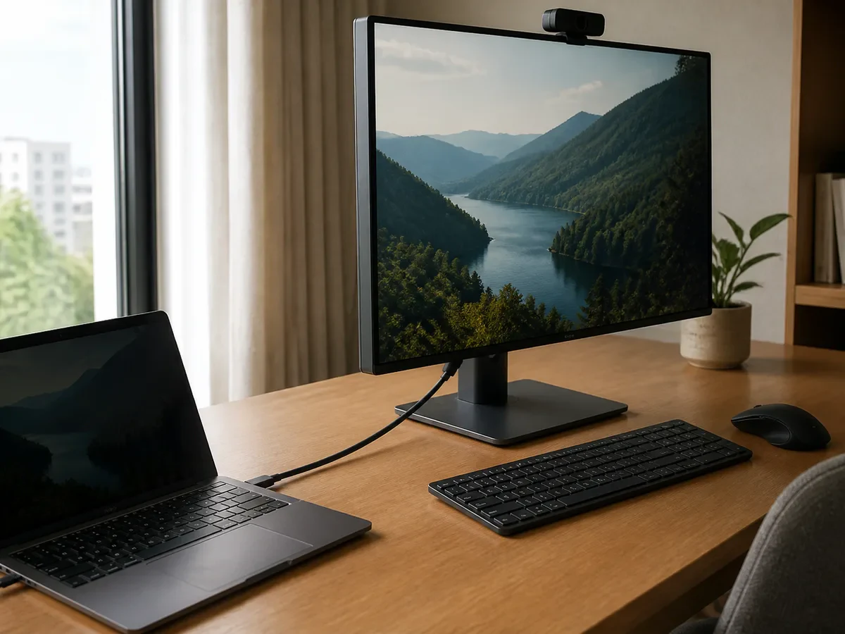 ノートPCと27型モニターをUSB-Cケーブル1本でつないだデスク