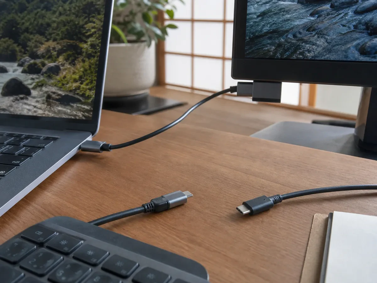USB-Cケーブルの種類を分けてモニターとノートPCの接続を確かめる机