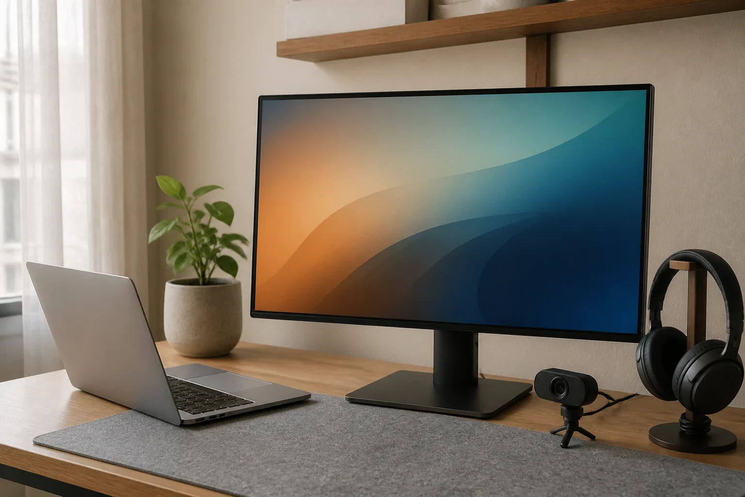 LG 27UQ850V-Wの導入を想定し、画面と別置きのWebカメラを並べた作業机
