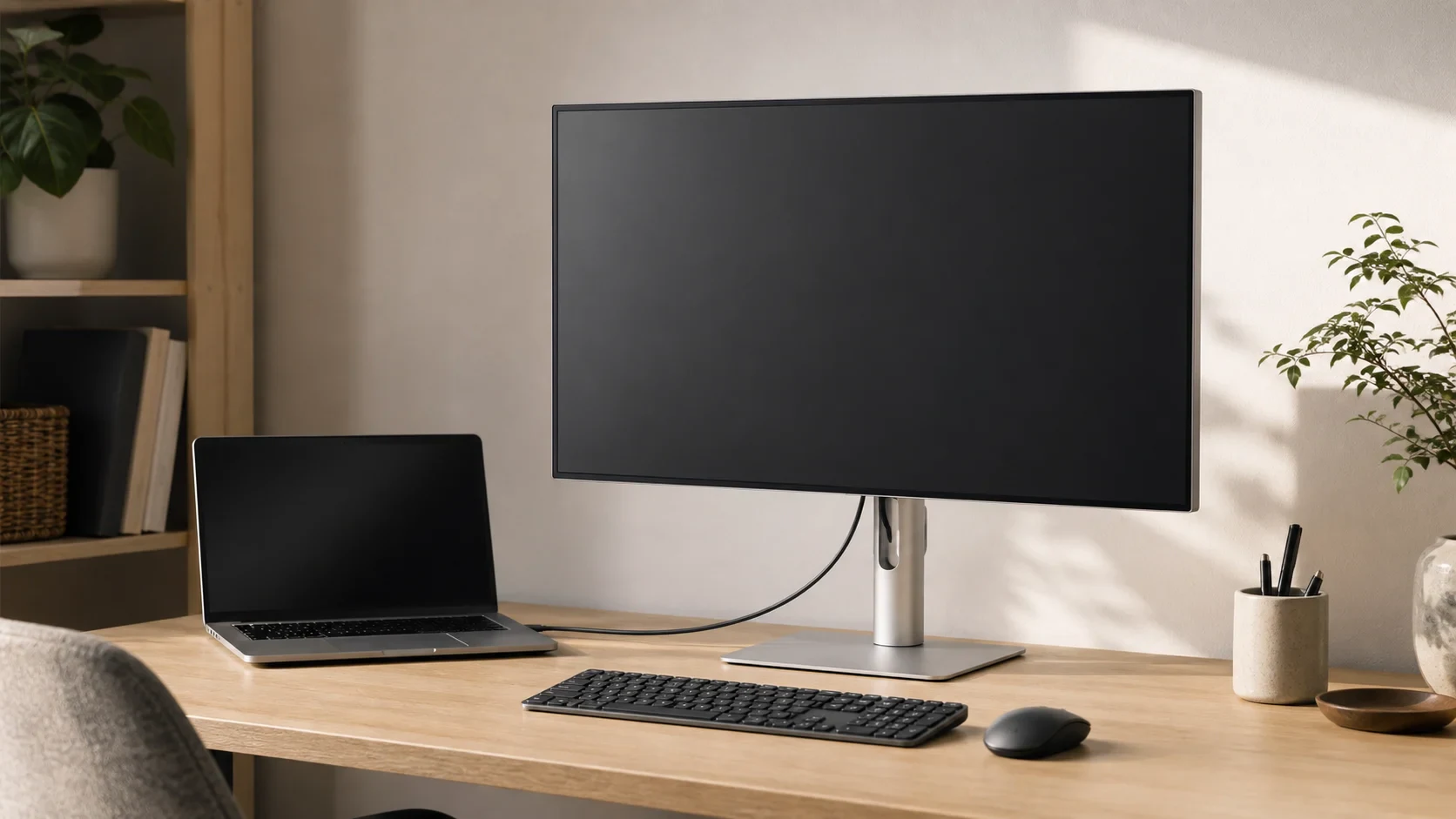 LG 27UQ850V-Wの導入を想定した日本のコンパクトな机とノートPC