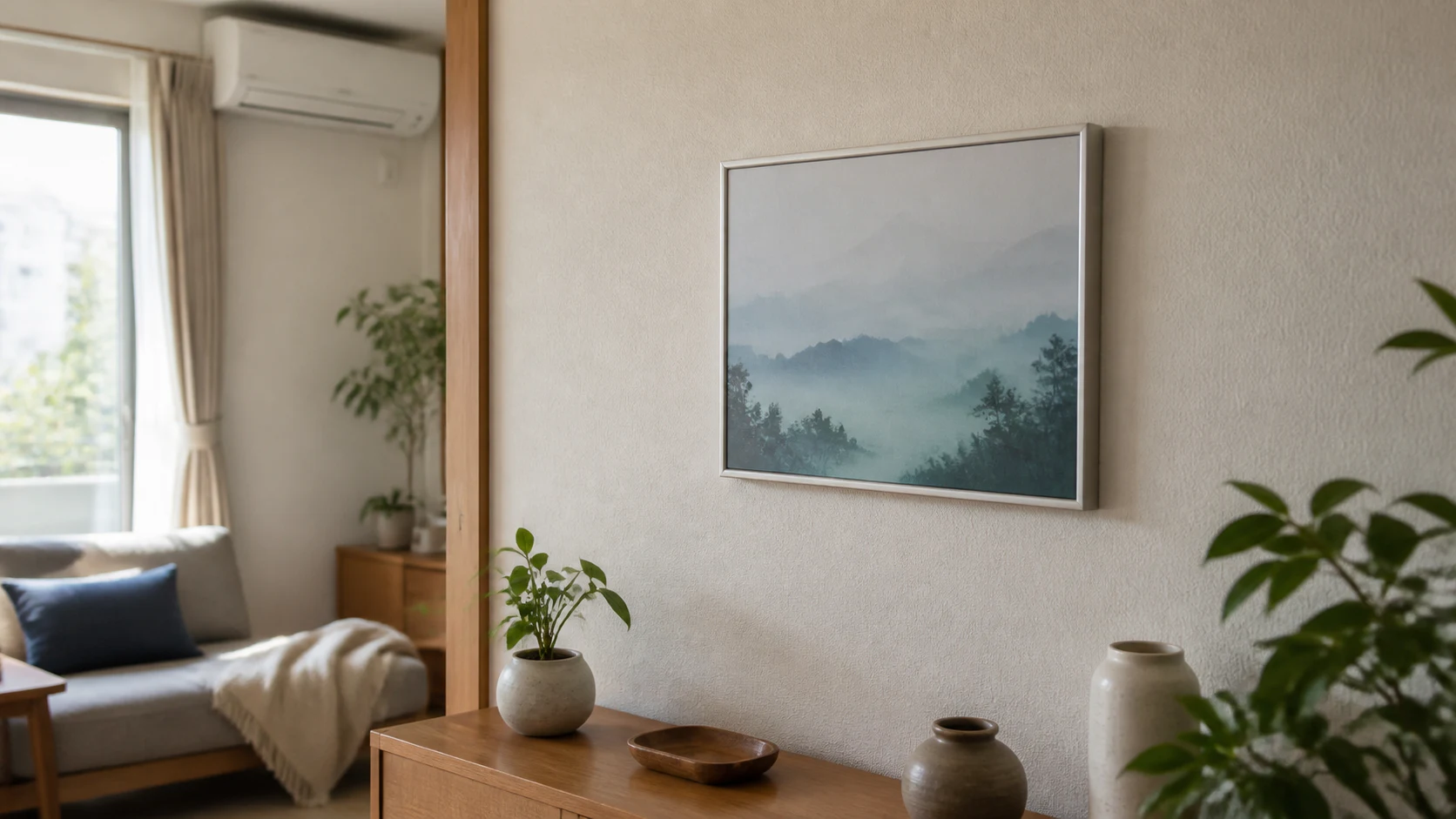 日本の住まいの壁に飾ったカラー電子ペーパーアートフレームのイメージ
