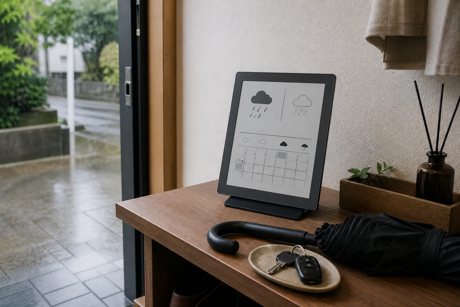 雨の日の玄関でE Ink表示端末と傘と鍵をまとめて確認するイメージ