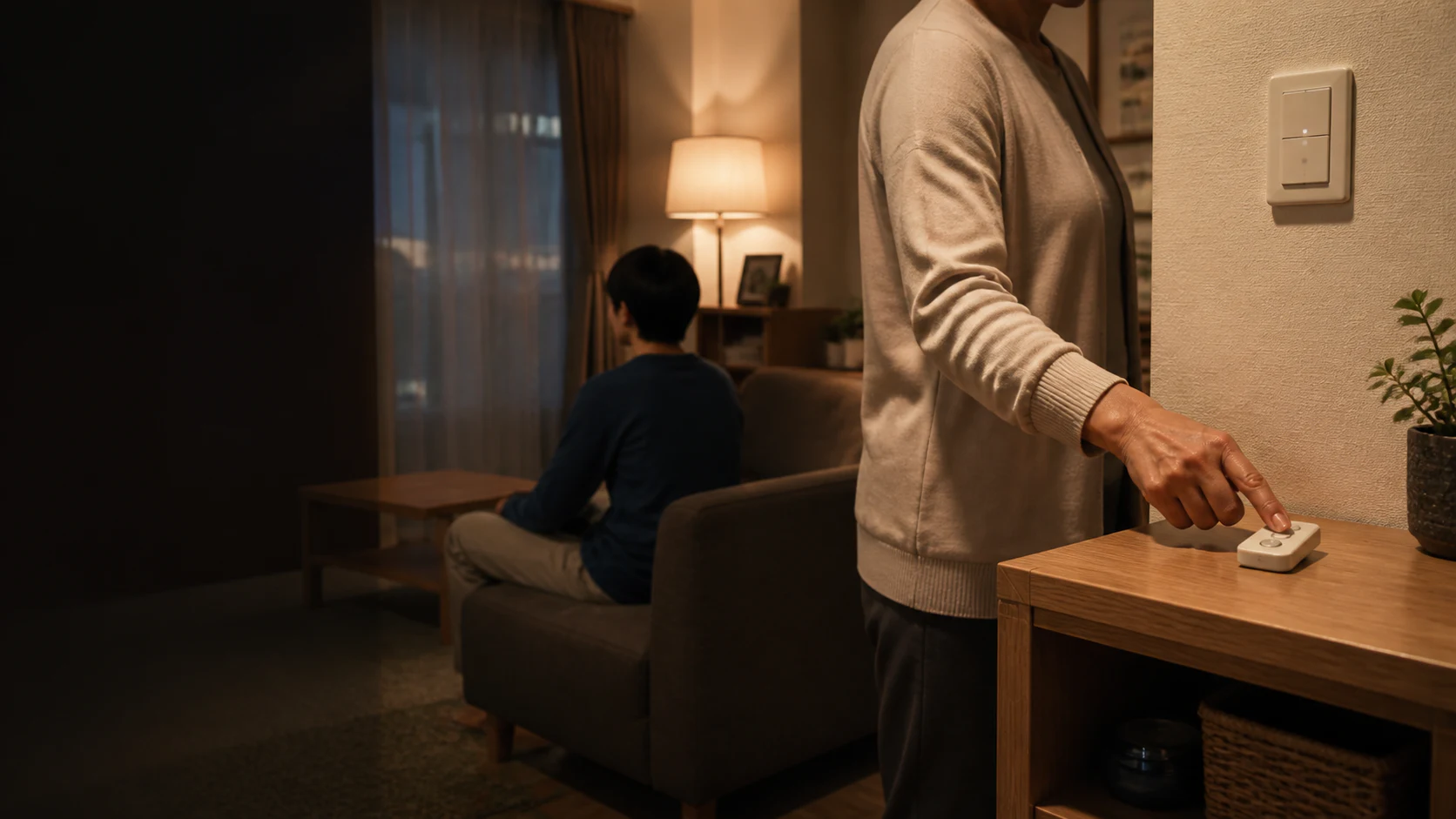 家族がリビングの小さな物理ボタンを押し、手動操作を共有する日本の住まい