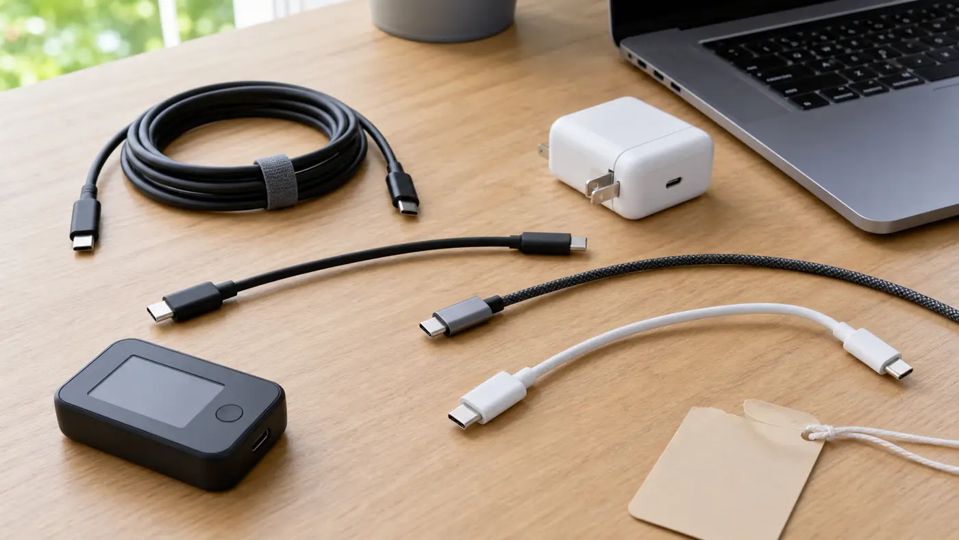 USB-Cケーブルを太さや用途別に並べたデスク