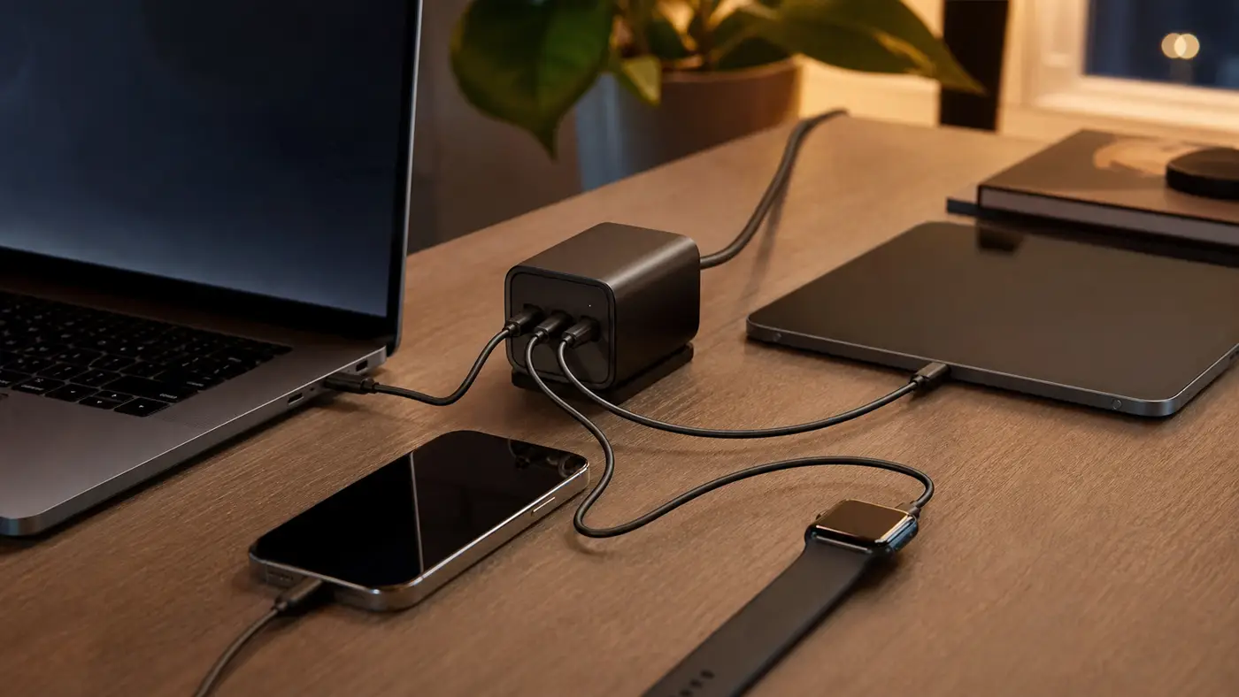 複数のデバイスを1台のUSB-C充電器から同時に充電するイメージ