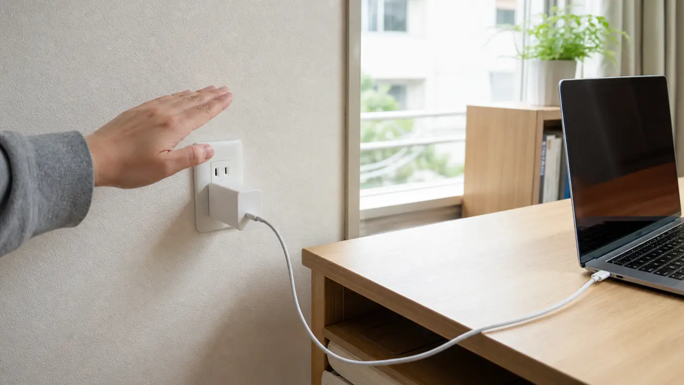 壁コンセントに挿したUSB-C充電器の発熱を確認するイメージ