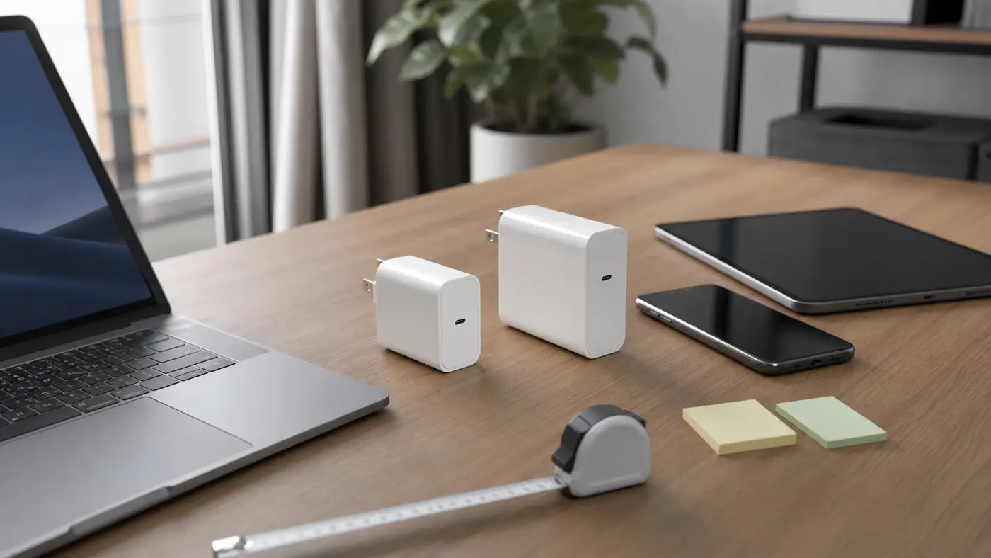 65W級と100W級のUSB-C充電器を机で比較するイメージ