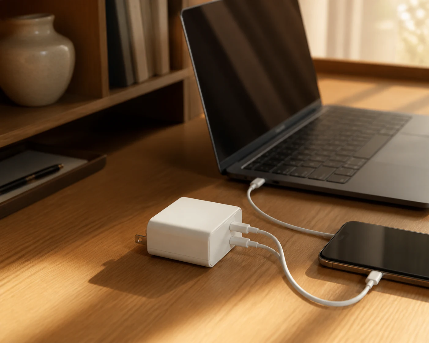小さな壁挿し型USB-C充電器からノートPCとスマートフォンへケーブルを伸ばした机