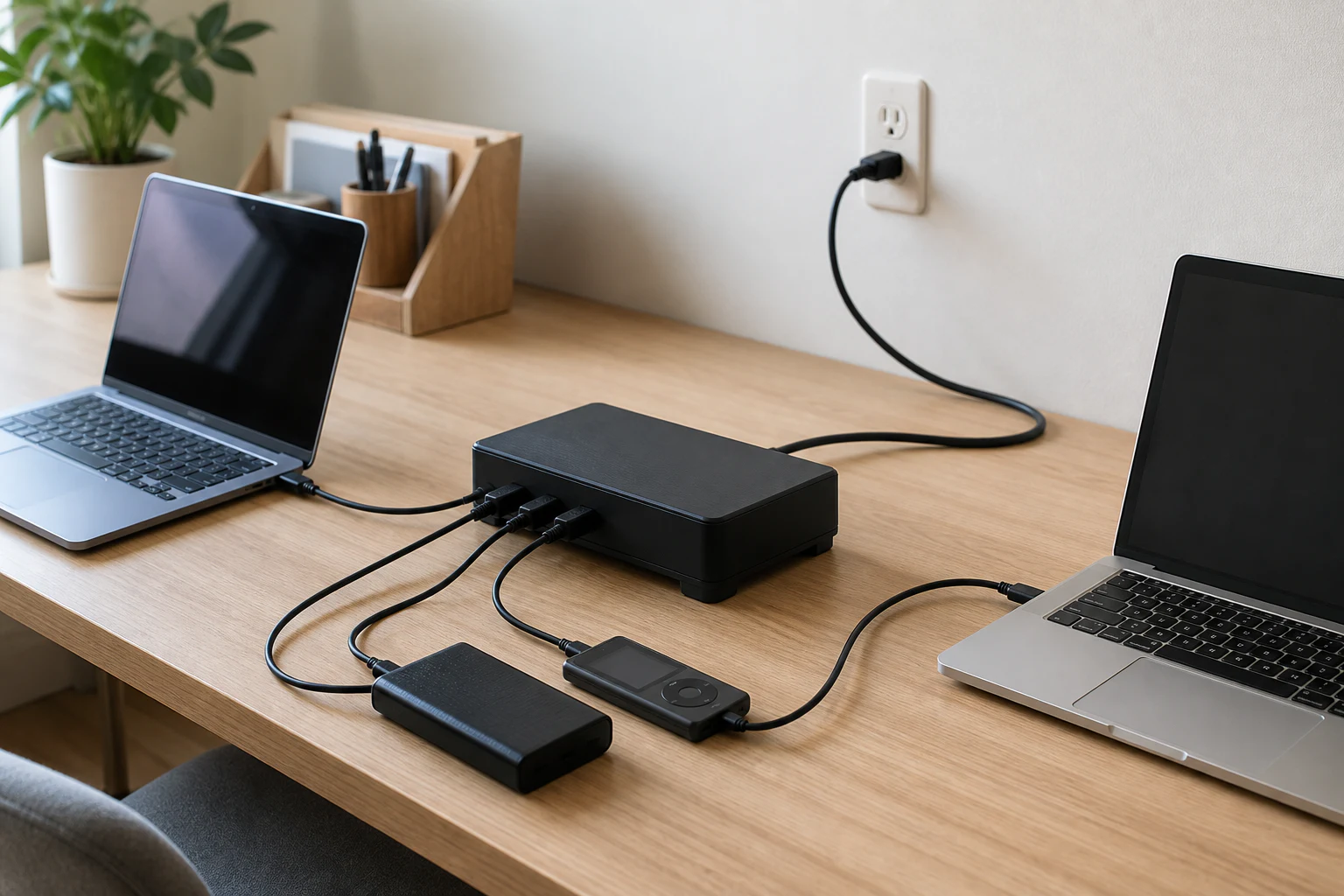 2m電源コードの卓上型USB-C充電器を机に置き、ノートPCとUSB-A機器を同時に充電する様子