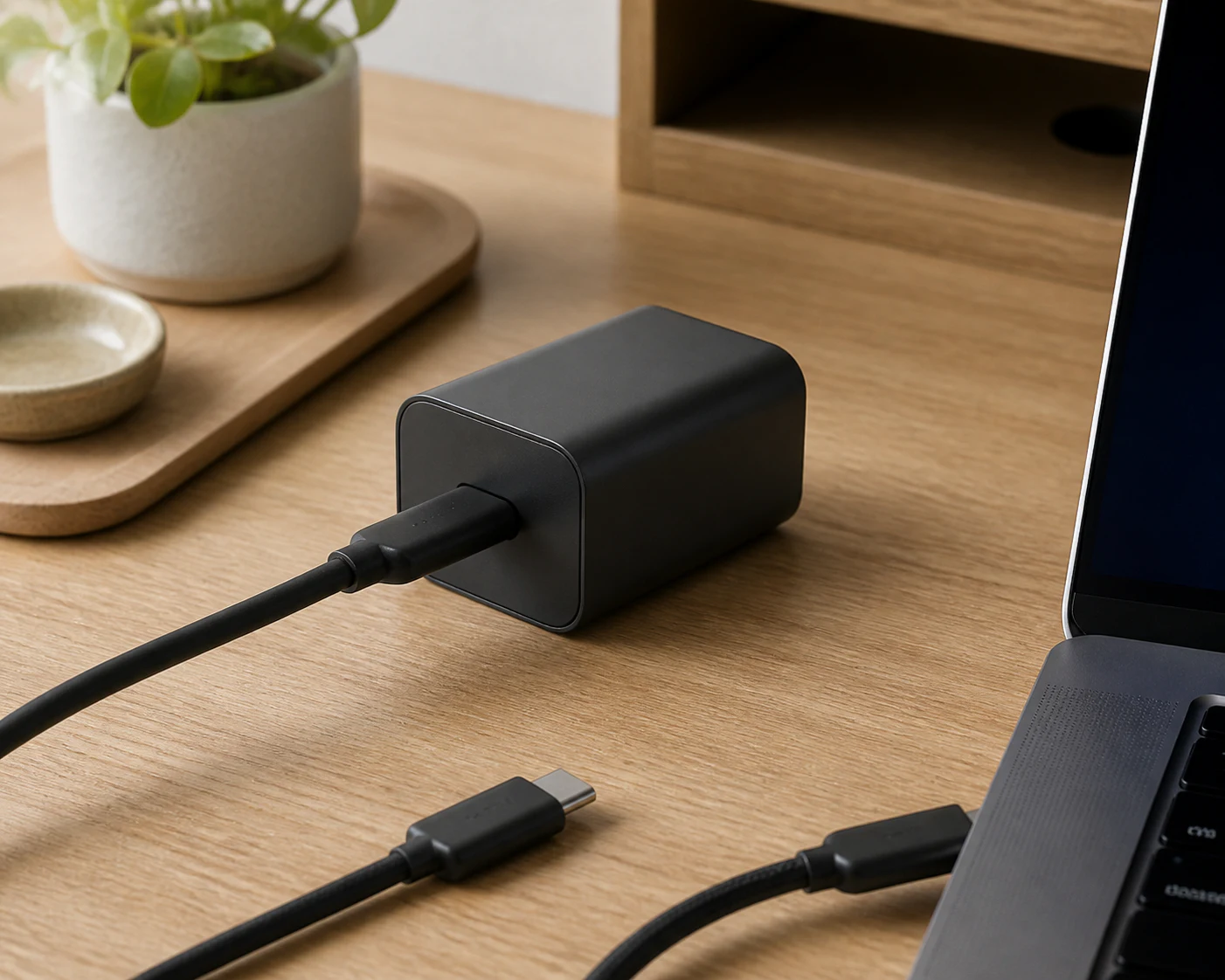 USB-Cケーブルと充電器に通気の余白を残したノートPCの充電風景