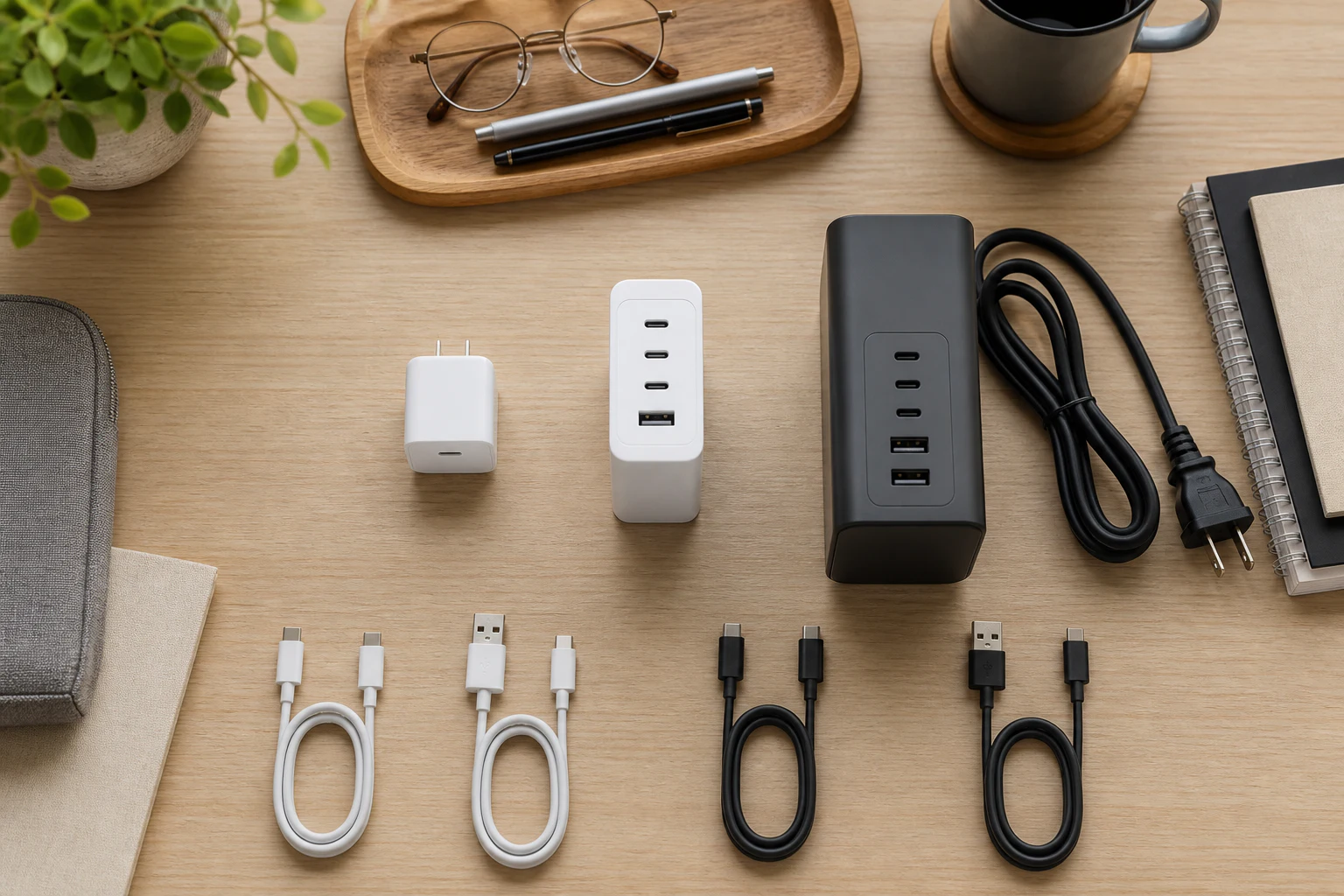 三種類のUSB-C充電器を同じ机で見比べ、壁挿し型と卓上型の差が分かる構図