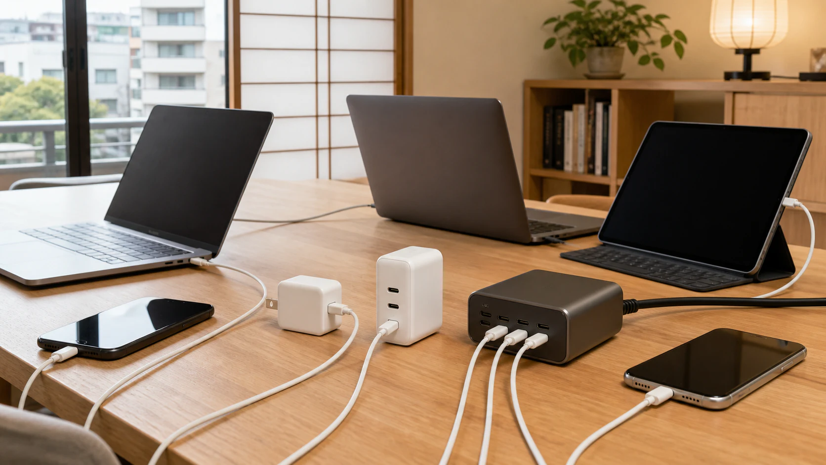 日本の家庭の机で複数のノートPCとスマートフォンをUSB-C充電器から充電する様子