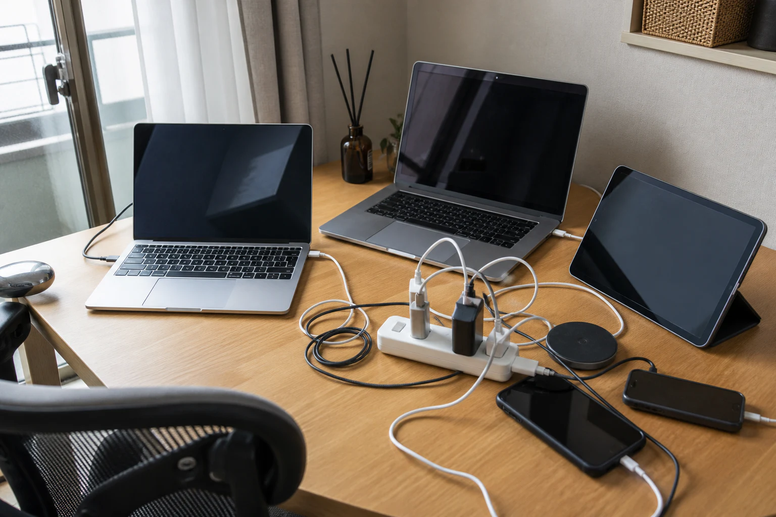 家の机でノートPC、タブレット、スマートフォンを同時に充電し、ケーブルが集まる様子