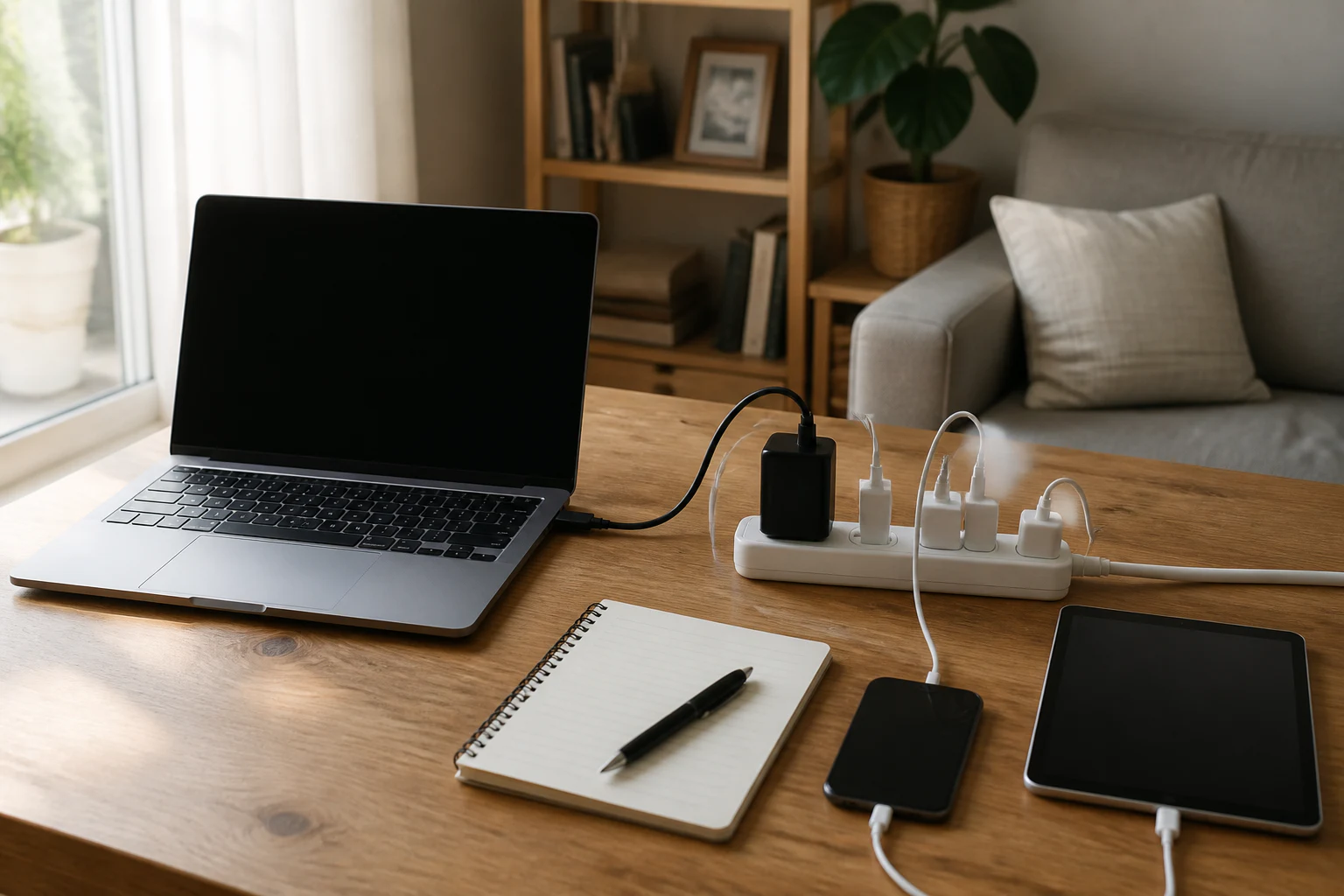既存のノートPC用電源アダプタと電源タップで、必要な機器だけを充電する落ち着いた机