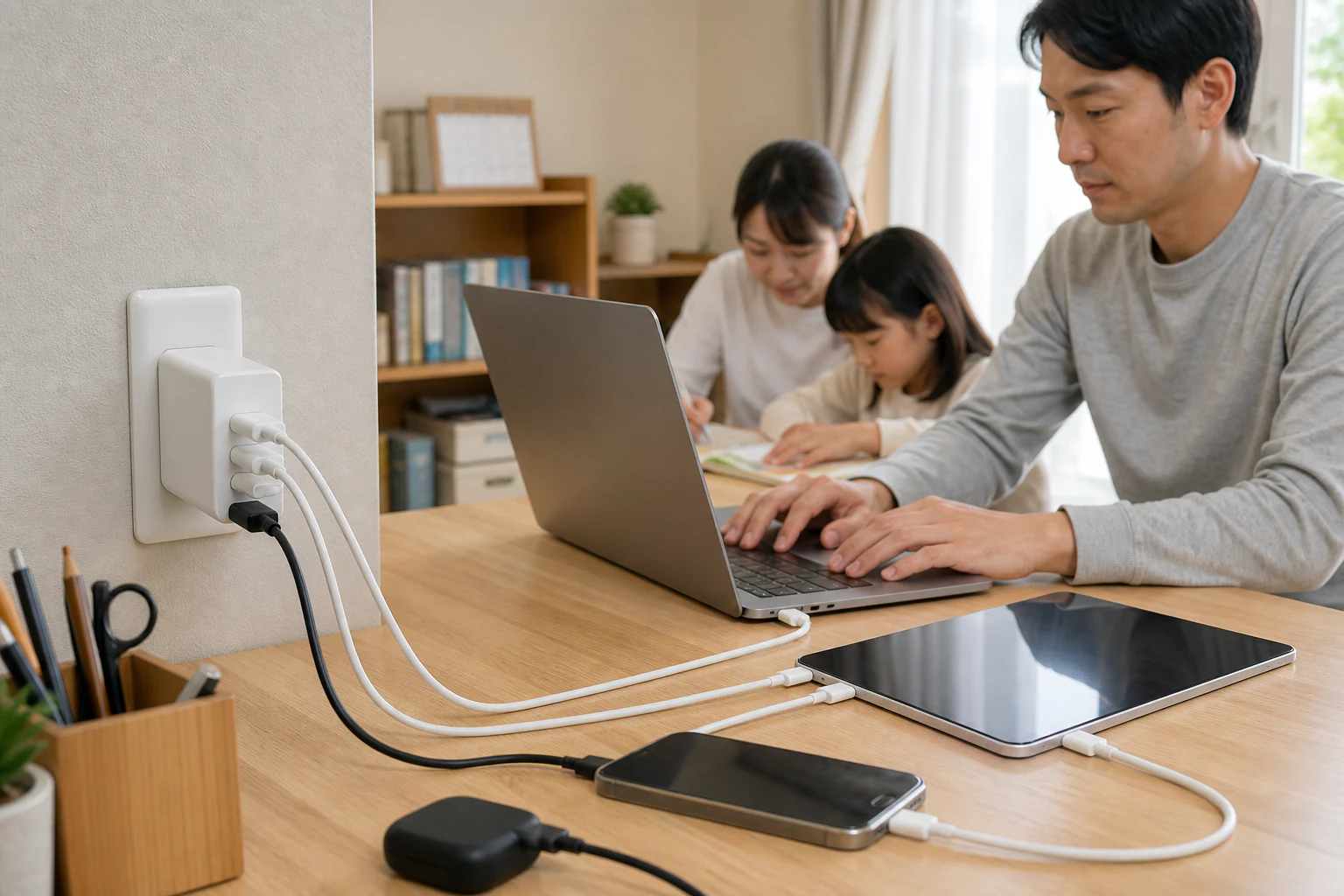 USB-C三口とUSB-A一口の充電器から、ノートPC、タブレット、スマートフォン、旧型機器へケーブルを分ける様子