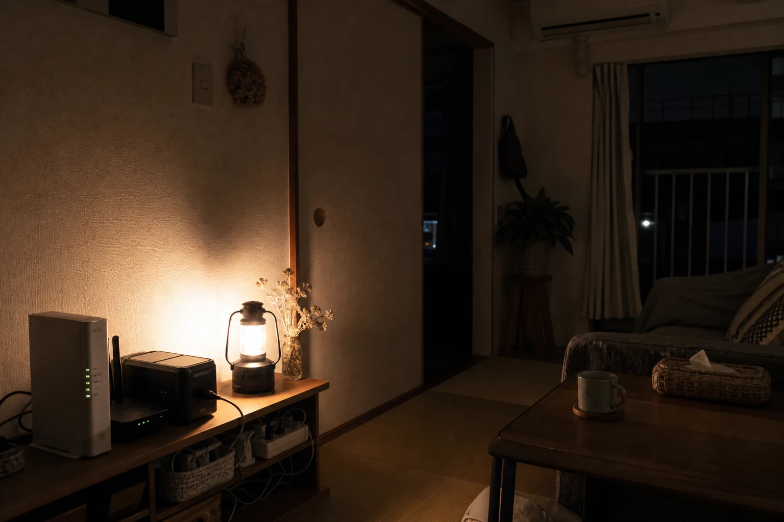 停電した日本の住まいでONUとWi-Fiルーターを小型電源が支える様子