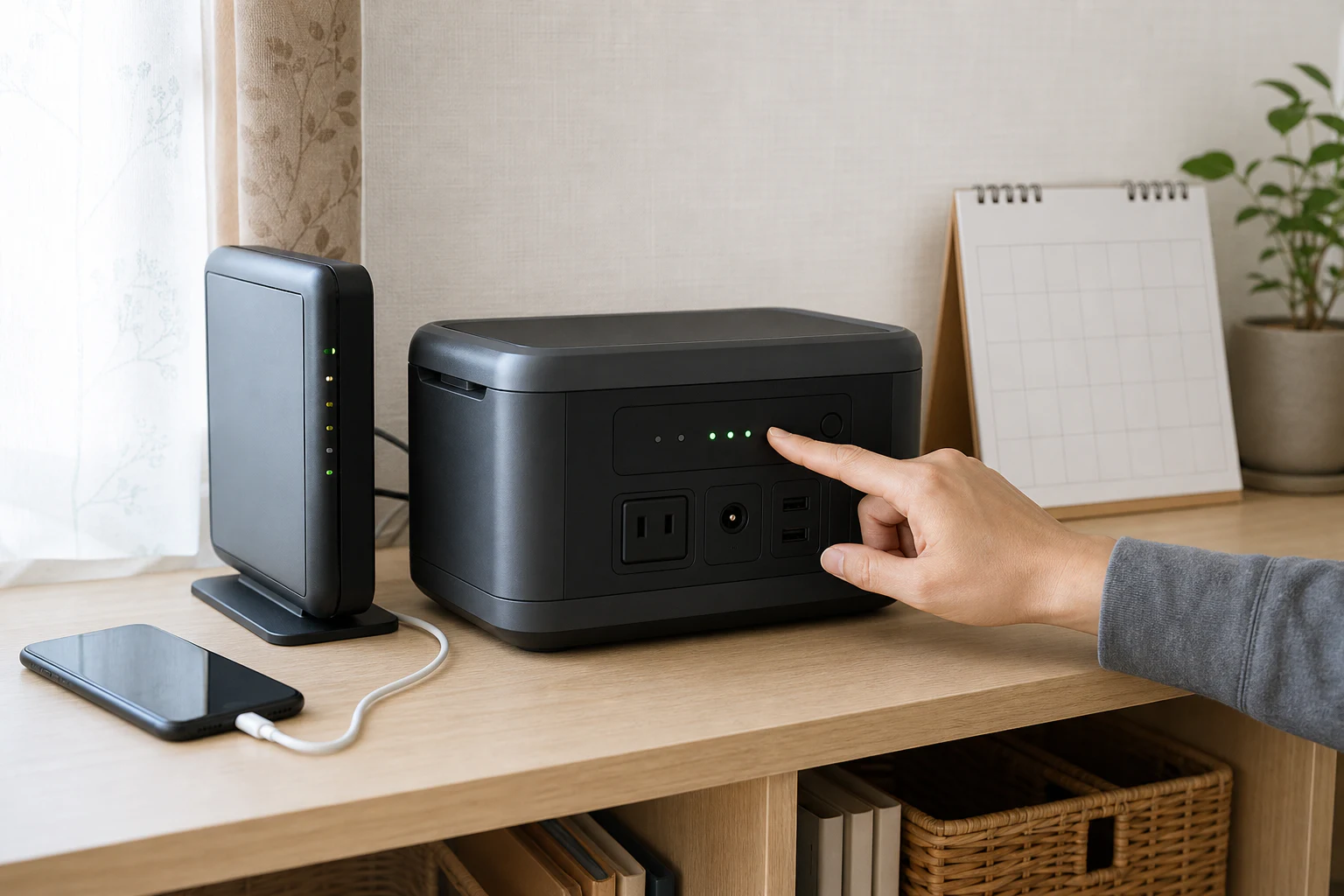 家庭でバックアップ電源の残量と通気を確認する場面