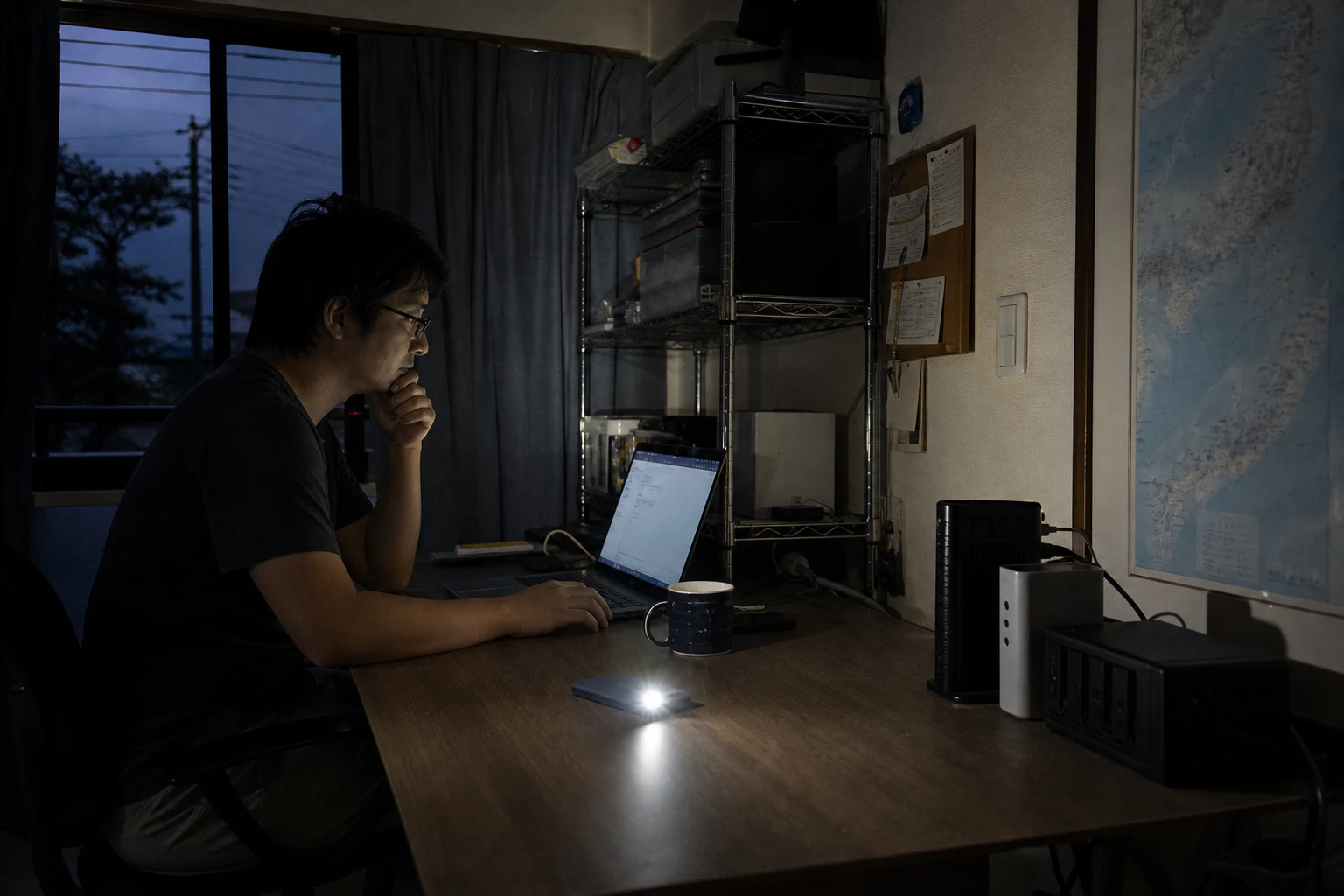 停電した部屋で通信機器とポータブル電源を確認する場面