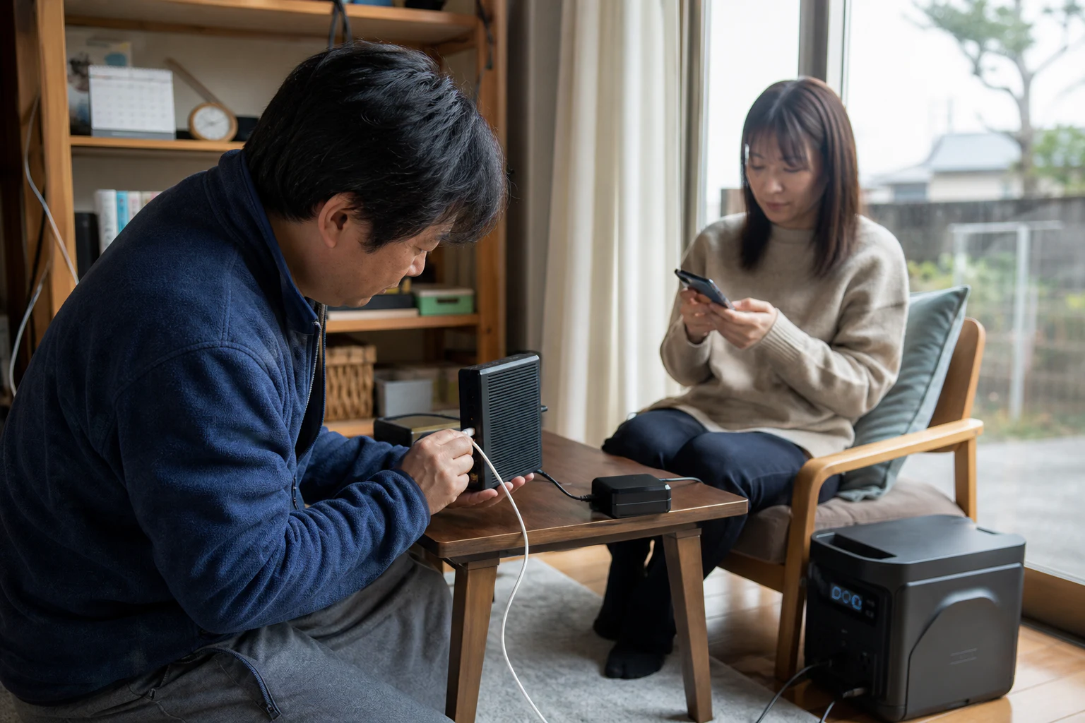停電時に家族で電源を分け、スマホと小型機器を充電する場面
