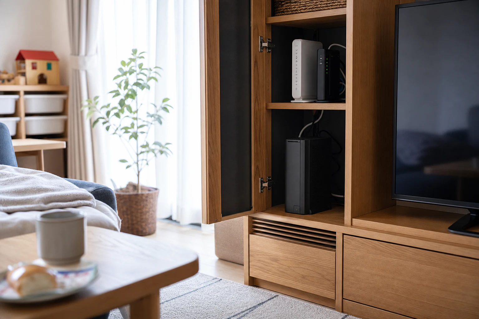 テレビ台の棚にONUとルーター、その下に通気を確保して置いた小型UPS