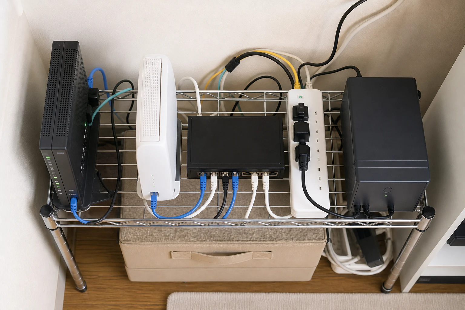 ONU、Wi-Fiルーター、スイッチ、電源装置を整理した家庭内ネットワーク配線