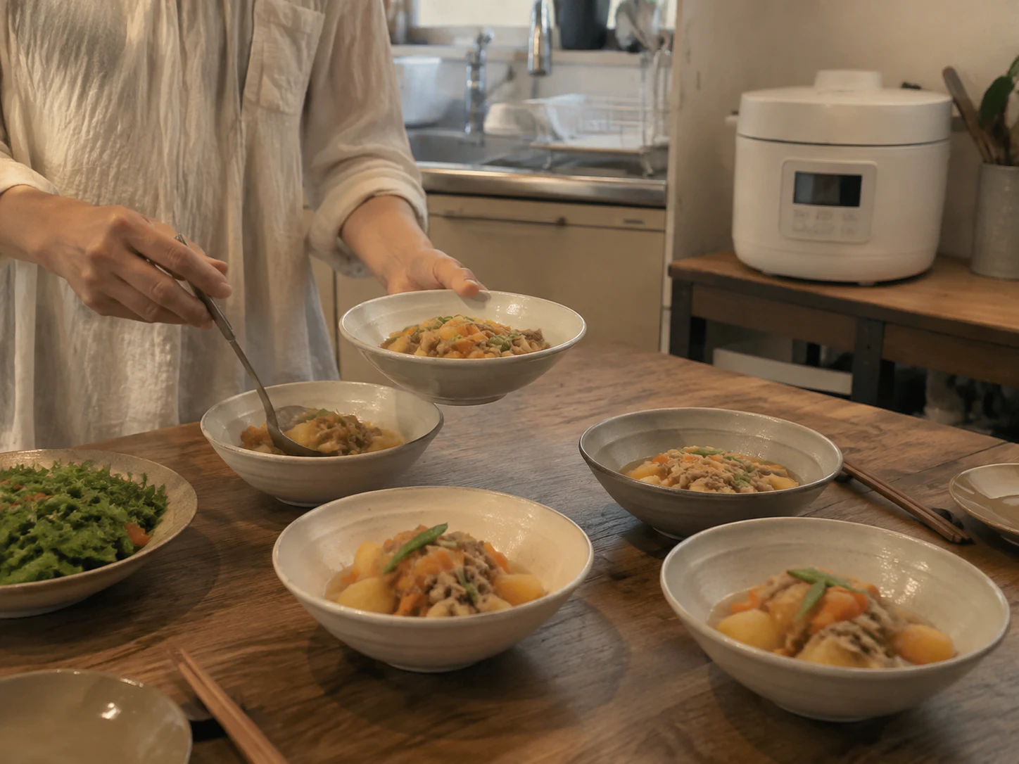 2〜4人分の夕食へ容量を置き換える場面のイメージ