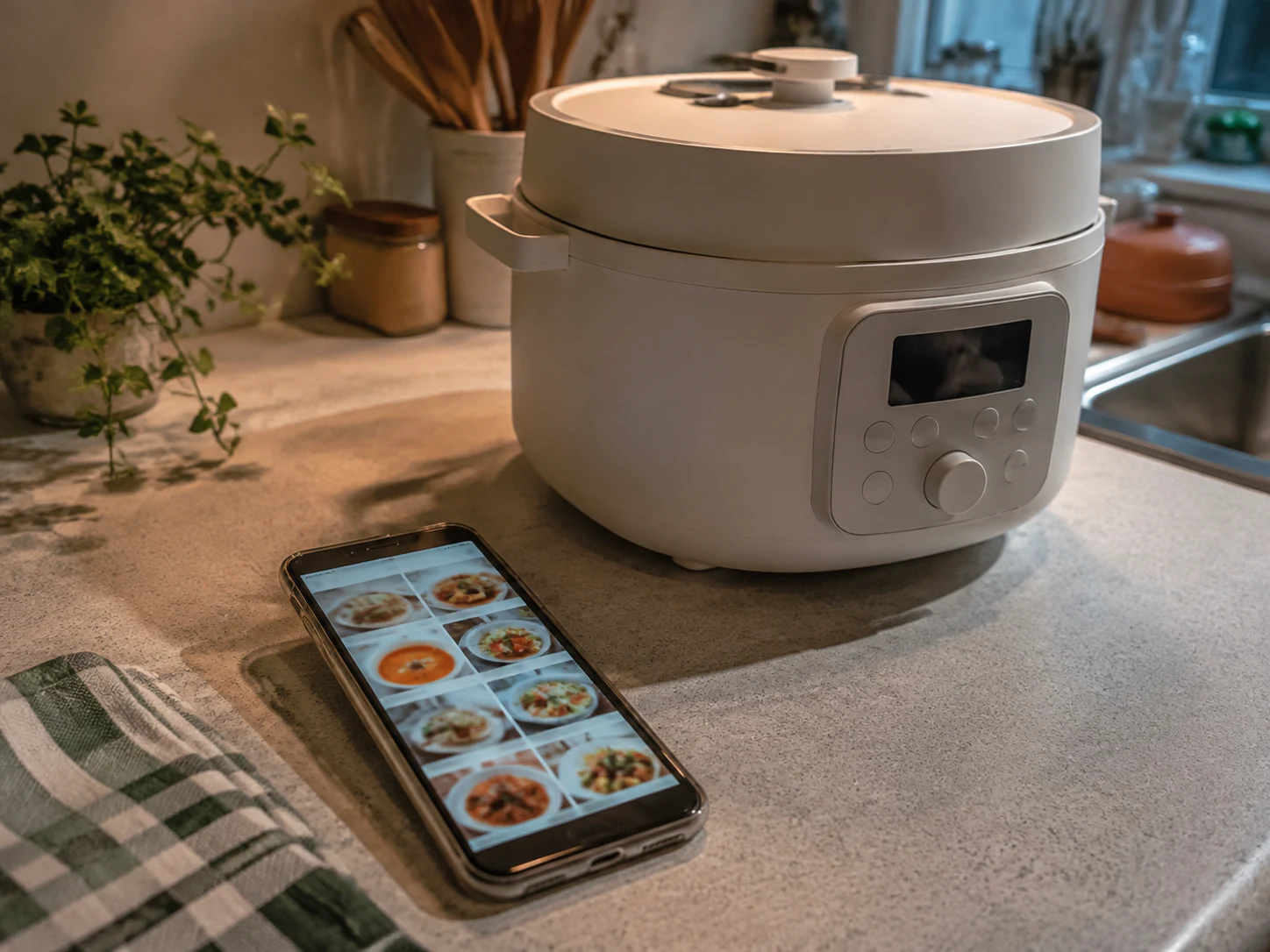 スマートフォンでレシピを探し、本体へ移る場面のイメージ