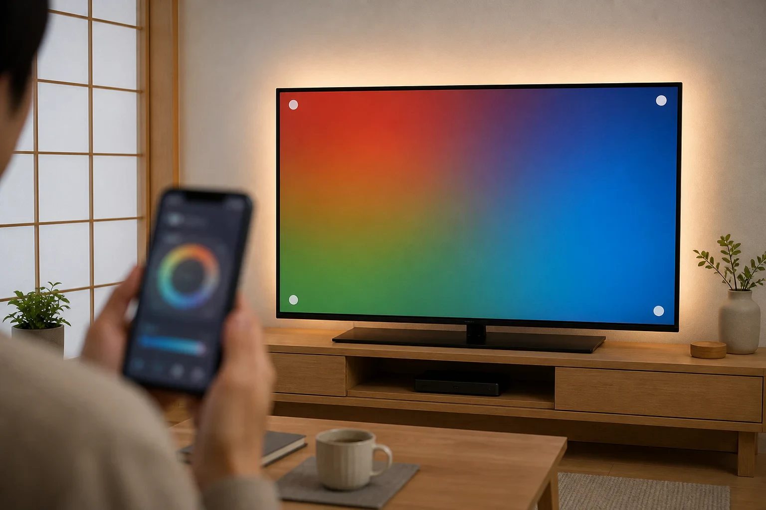 スマートフォンでテレビの四隅を較正し、背面ライトを設定している場面