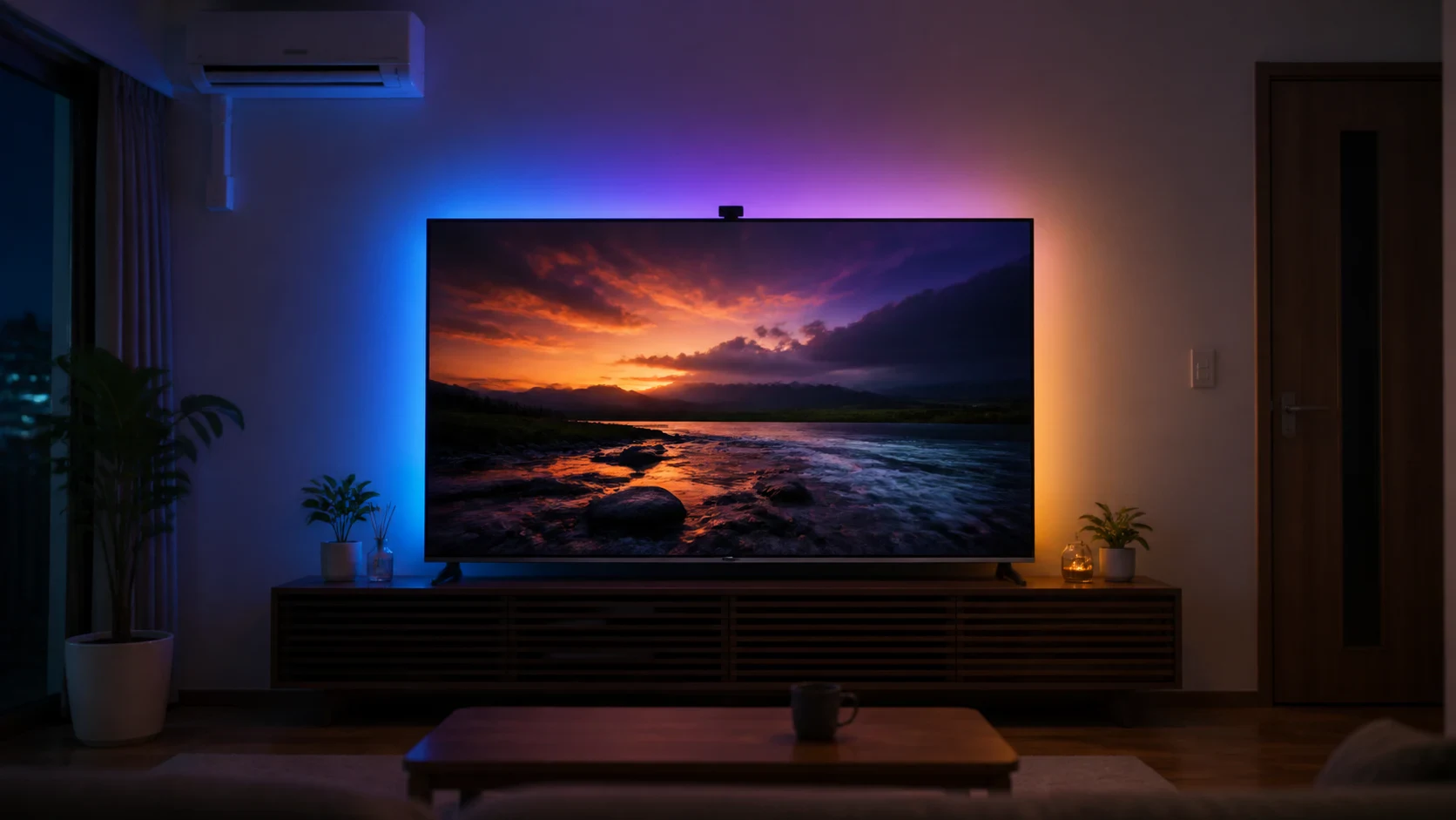 日本のリビングの85インチテレビ背面から青と紫の光が壁へ広がっている