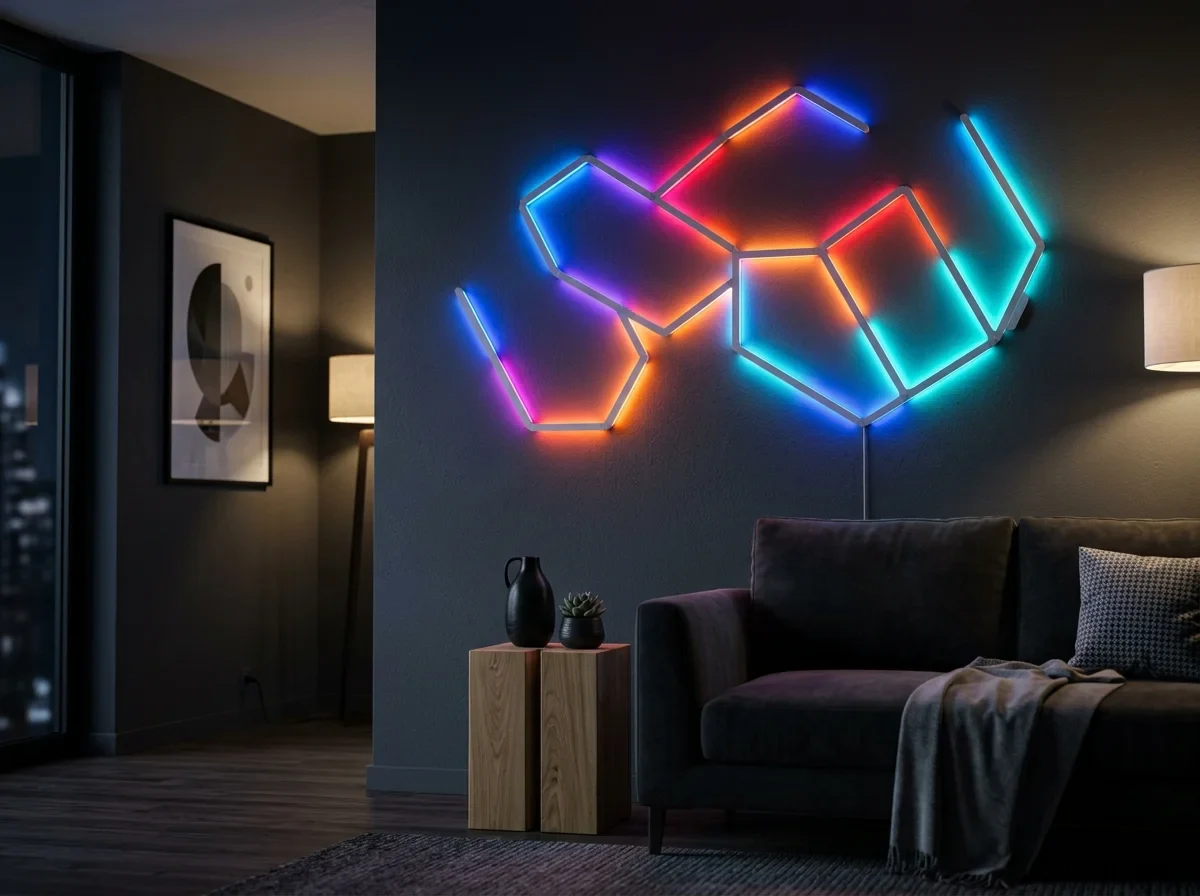 Nanoleaf Lines 60°が壁面に幾何学模様の光を描いている