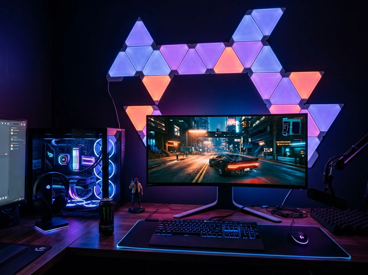 ゲーミングセットアップにNanoleafが設置された環境