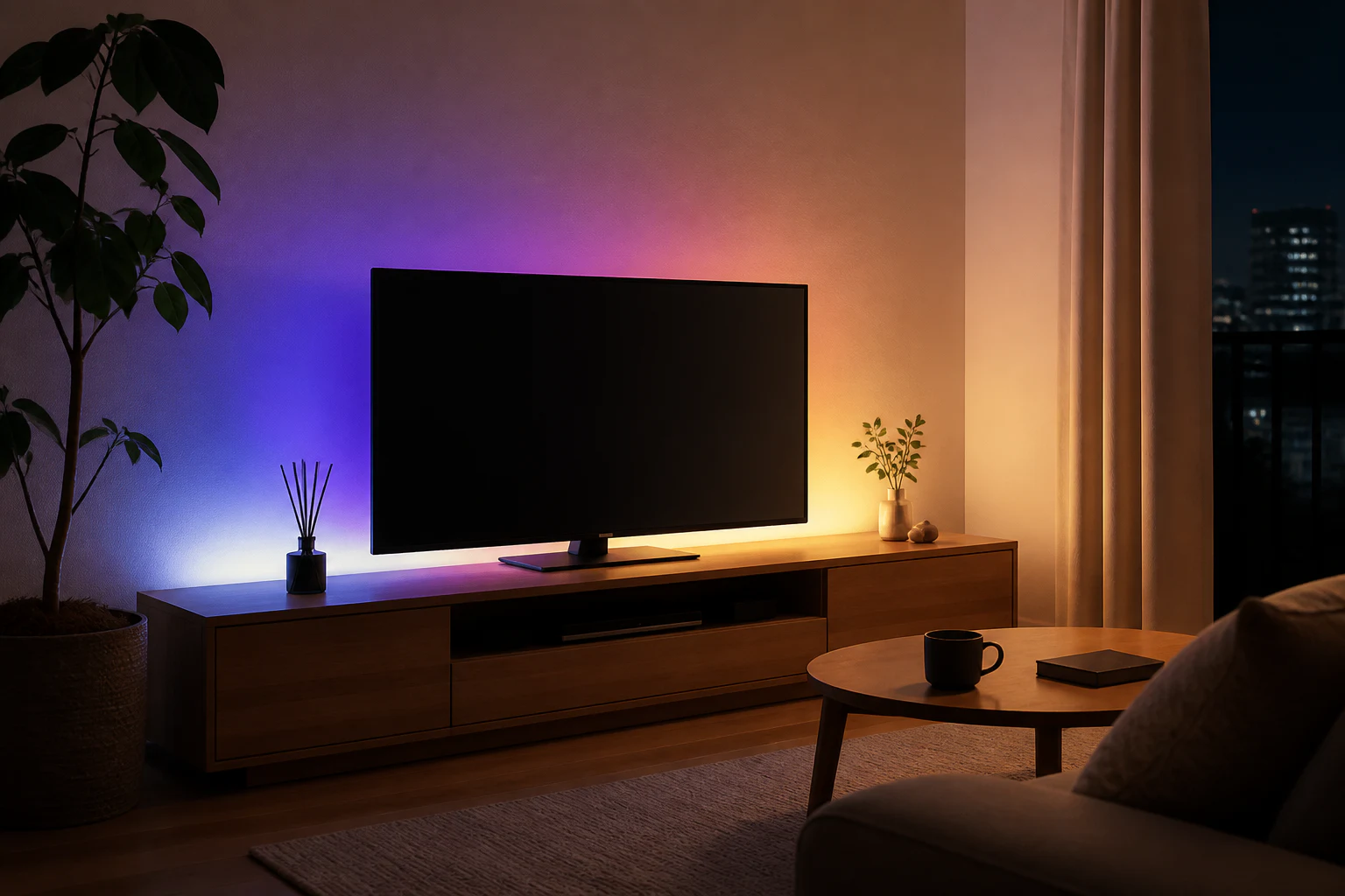 テレビ台の背面から壁に青紫と暖色の光を落とすグラデーションLEDテープの設置イメージ