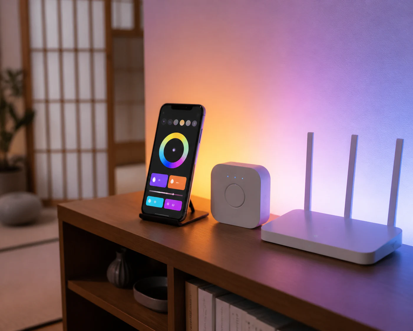 スマートフォンのHueアプリとルーターの近くに置いたBridgeで照明を操作する場面