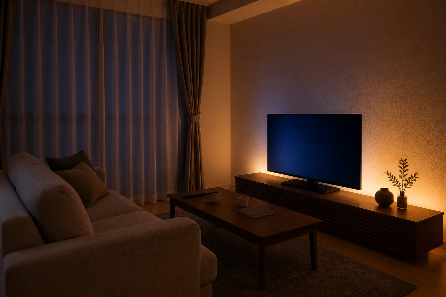 夜の小さなリビングでテレビ台の壁だけが柔らかく照らされる場面
