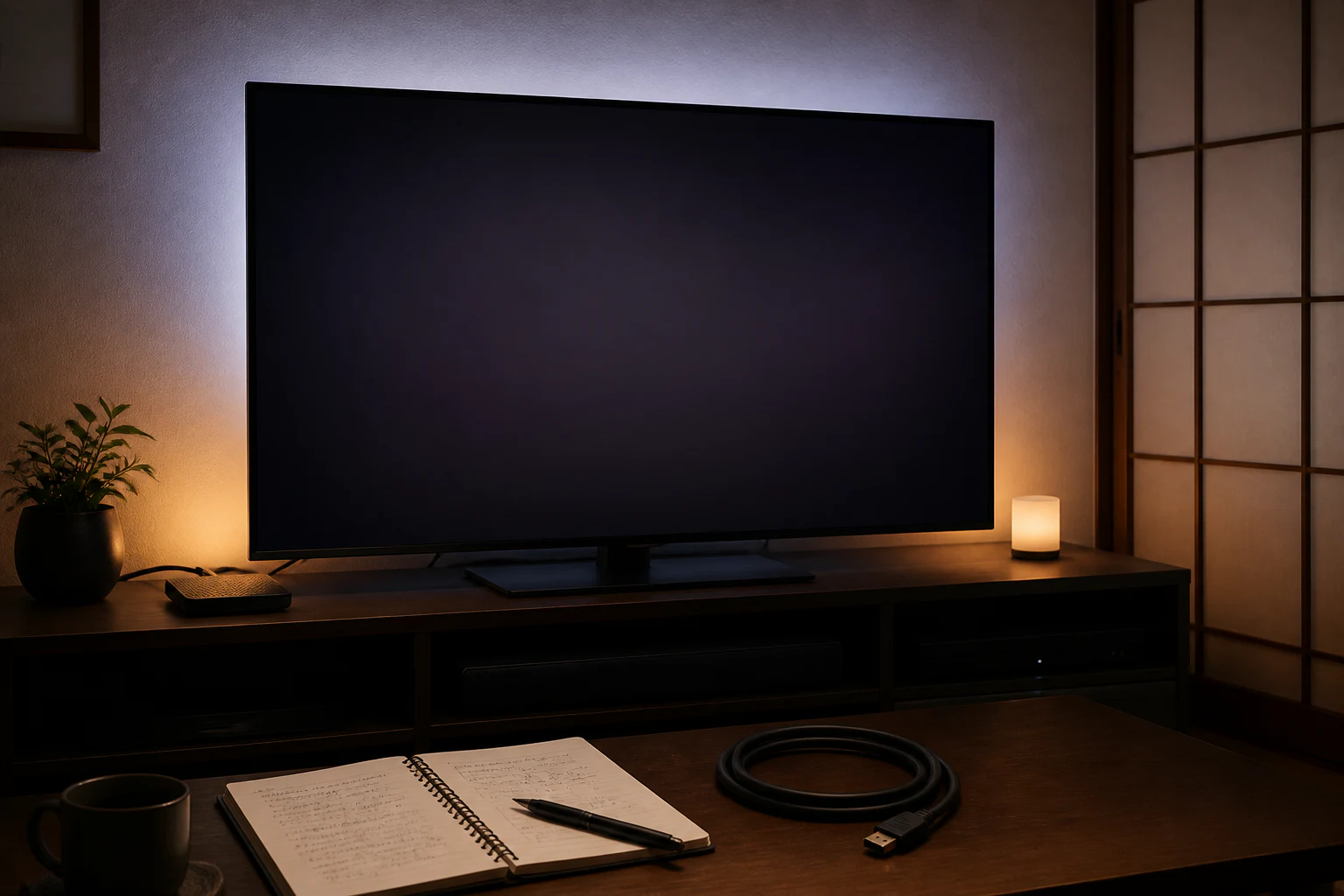 テレビ画面を見ながら背面の間接照明と映像連動の接続条件を確認する場面
