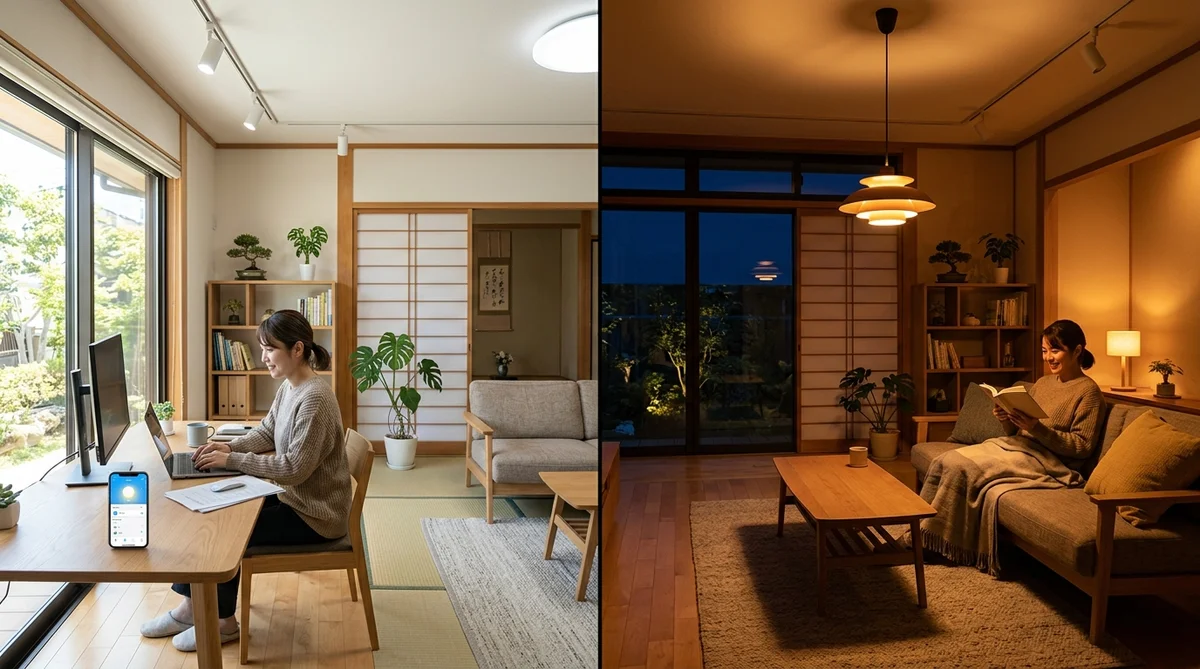 Philips Hueアプリの自動化設定画面。時間帯別に異なる照明シーンが設定されている