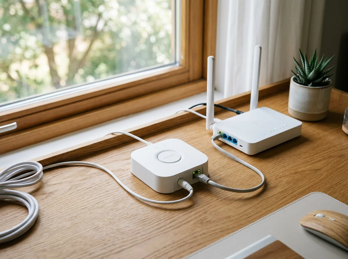 Hue Bridgeをルーターに接続するイメージ。LANケーブル1本で設置完了