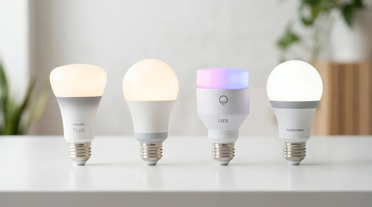 4つのスマート電球ブランドを並べた比較画像：Philips Hue、IKEA TRÅDFRI、LIFX、SwitchBot