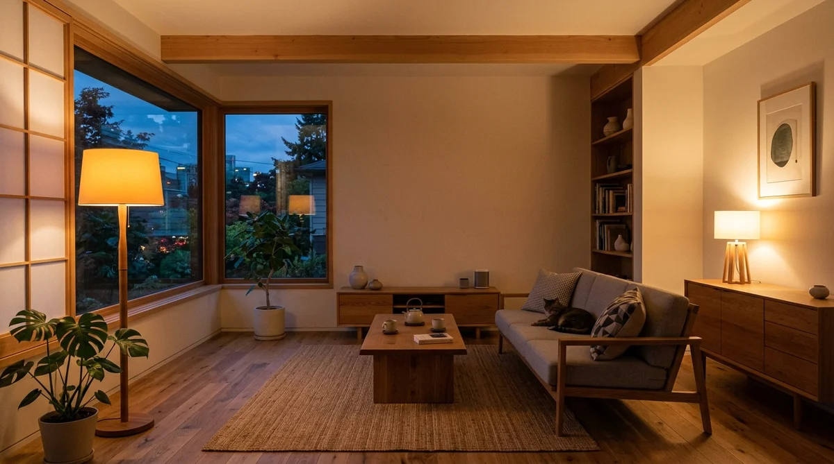 暖色に光るPhilips Hueスマート電球が設置されたモダンなリビングルーム