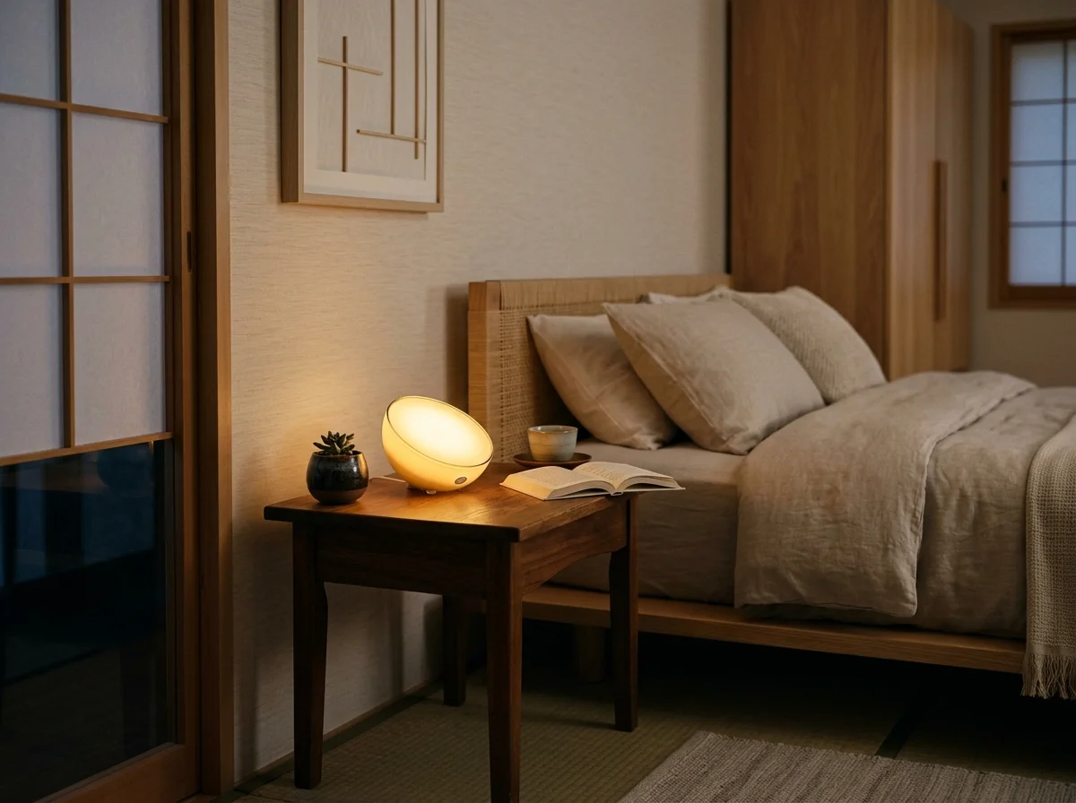 書斎のデスクに設置されたPhilips Hue Go。暖色の光でリラックス空間を演出